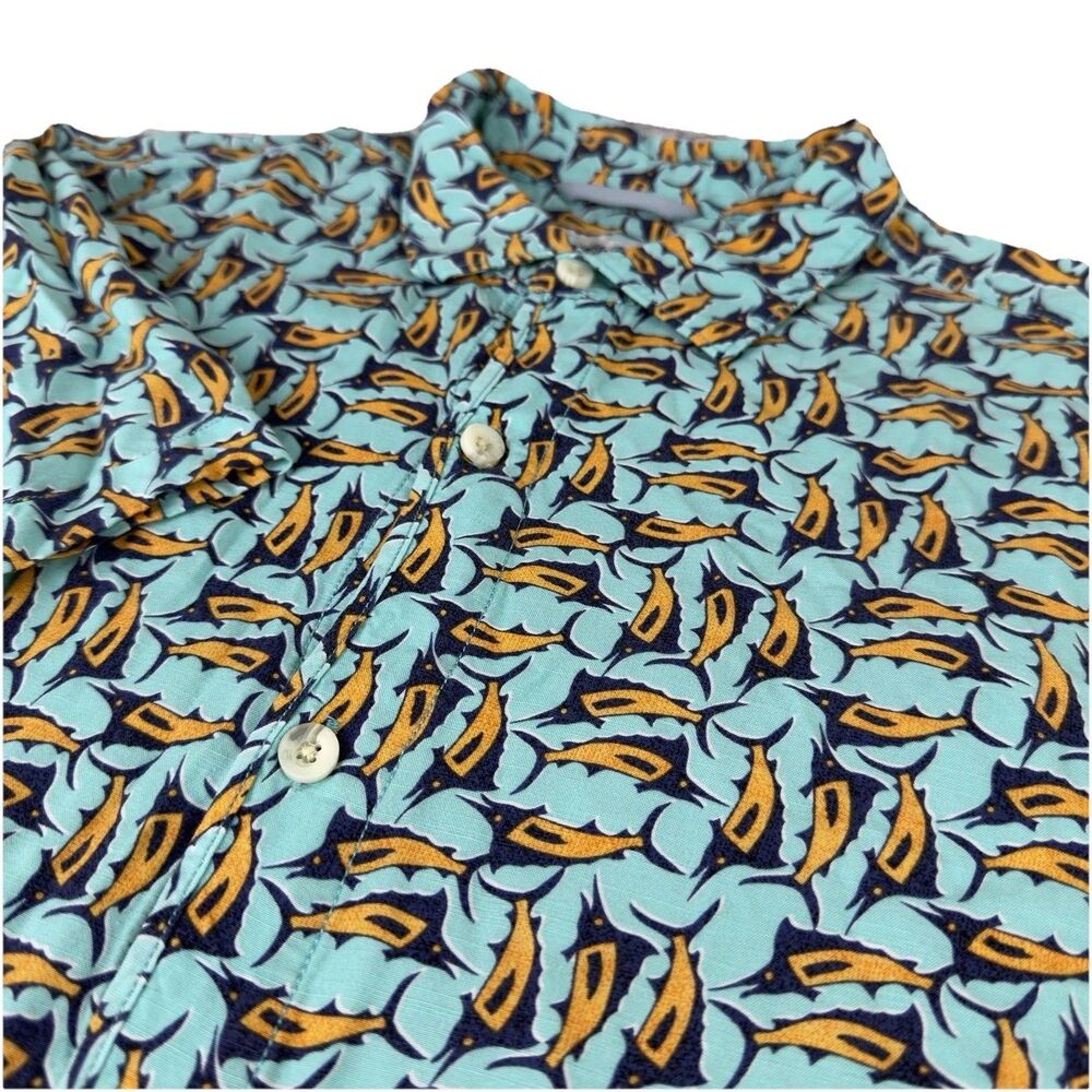 Tommy Bahama Mens Large 100%Rayon Teal, Orange Moorea Marlins Hawaiian Shirt